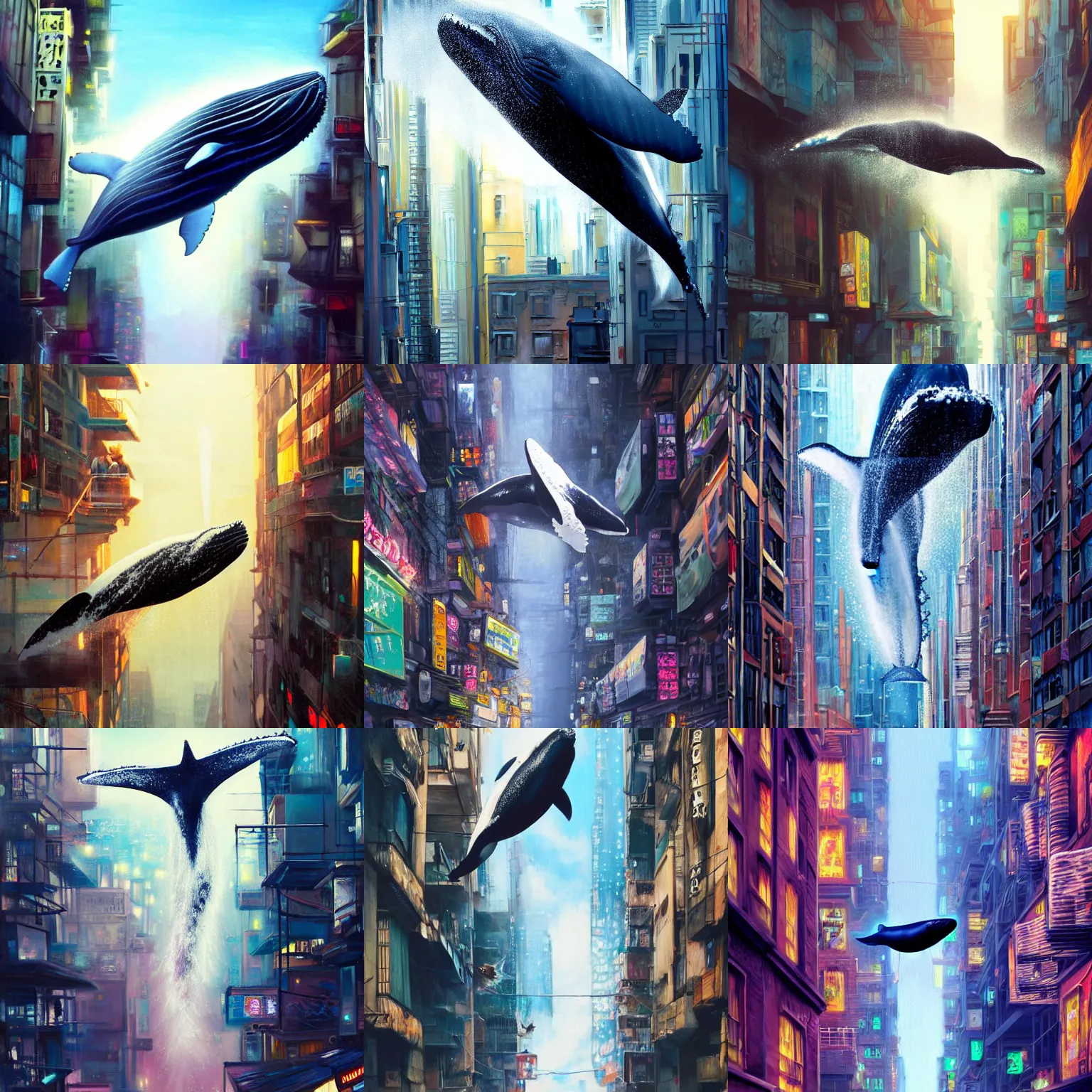 Prompt: a beautiful painting of a humpback whale suspended in mid air near a skycraper, narrow street, cyberpunk city, hyperrealistic, realistic!, cinematic shot, volumetric light, ultra detailed, epic