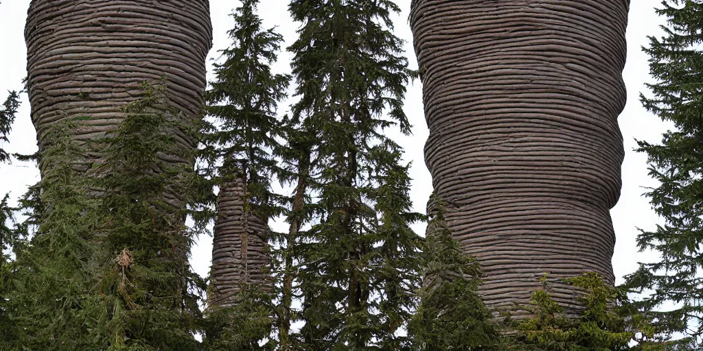 Prompt: tall house tower made of an enormous mushroom, washington state, traditional architecture