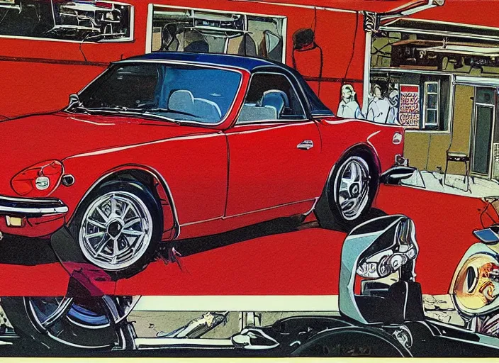 Image similar to highly detailed 1 9 6 9 red datsun fairlady roadster, retro minimalist art by jean giraud, moebius starwatcher comic, sharp, 8 k