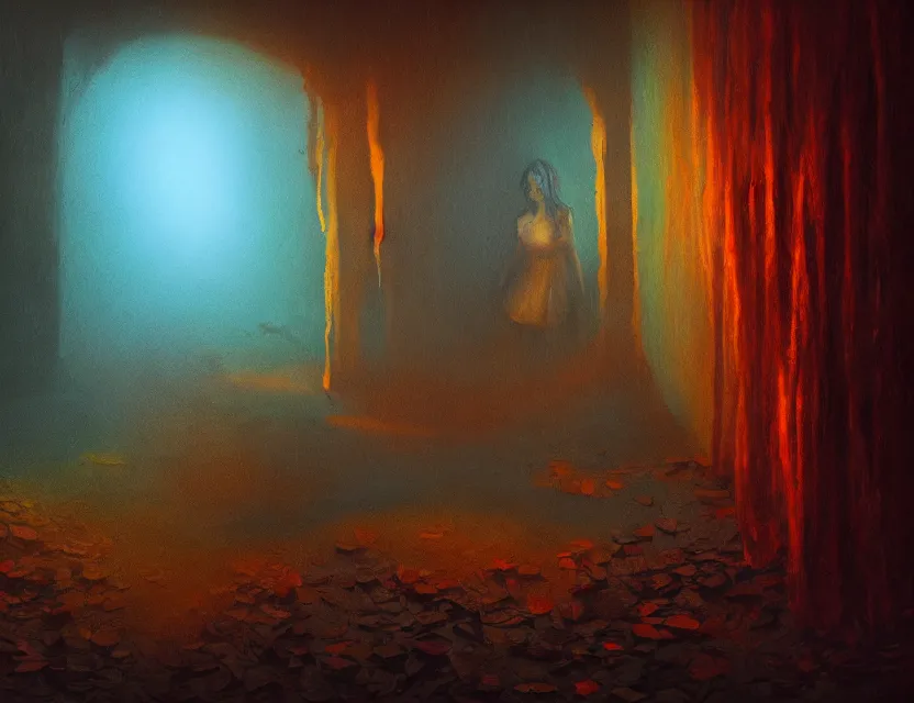 Prompt: psychological horror movie still, amorphous life form creeping. complementary colors, oil painting, indie concept art, bloom, chiaroscuro, backlighting, intricate details.