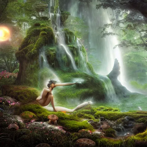 Image similar to tom bagshaw, mythical cosmic shrine, soft painting render curiosities carnival pond river vegetation rocks bugs wildlife mushrooms covered moss bioluminescent wisps, beautiful amazon full armor stunning waterfall, accurate features, focus, very intricate ultrafine details, random volumetric lighting, fog, award winning masterpiece, octane render 8 k hd, artstation