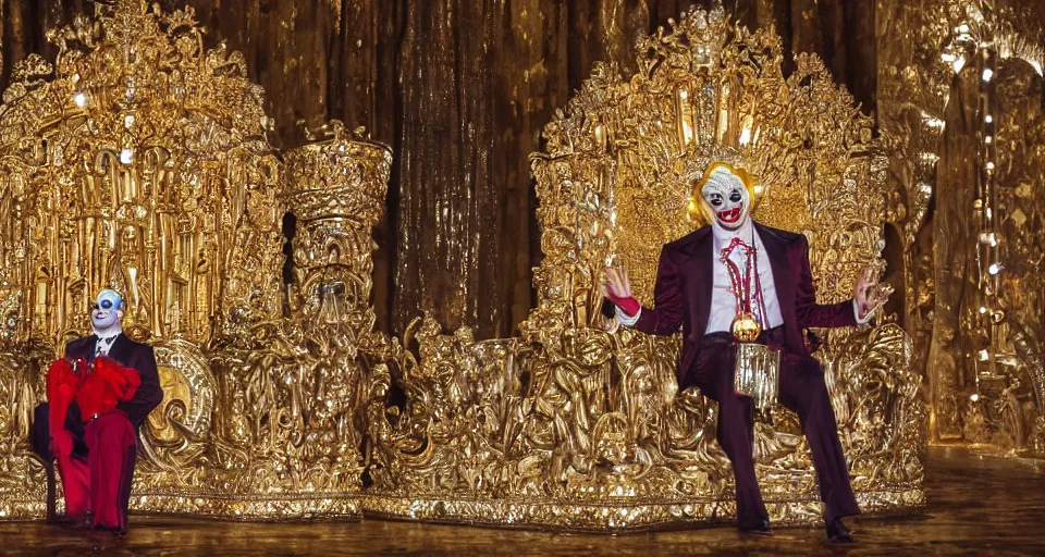 Image similar to shining majestic throne made of millions of diamonds, gold and zaphires with thousands of light reflections, and a stupid clown on a suit is sitting on the throne while handing a globe, 4 k