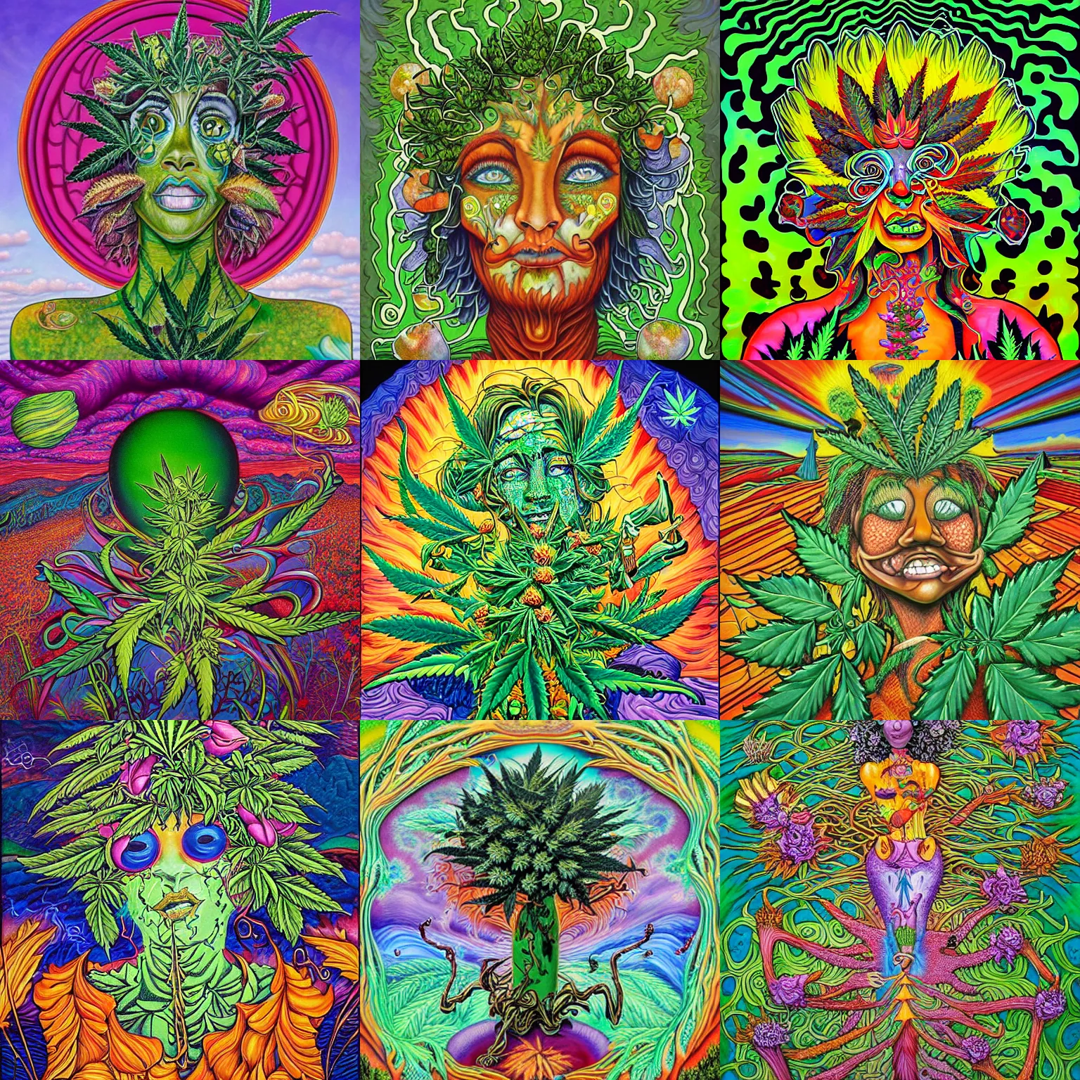 Prompt: mother nature made out of Cannabis painting by aaron brooks, chris dyer, android jones, and alex grey