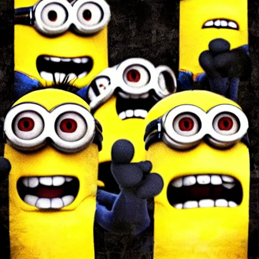 Image similar to Minions living in an insane asylum, creepy photo, minions screaming, nightmare, grainy, lost photo