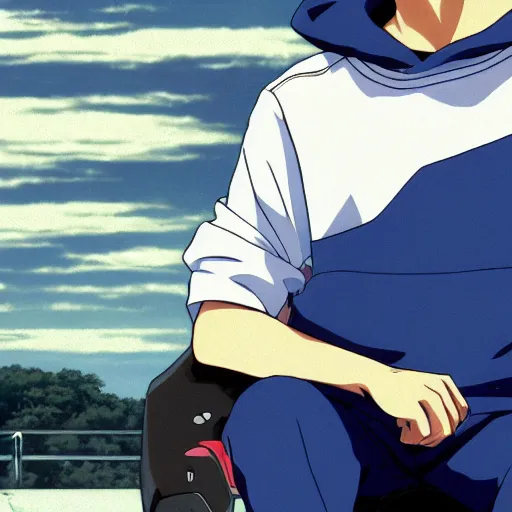 Prompt: close up of a high definition anime guy with short dark blue hair and streetwear clothing riding a white 1993 Mazda Astina 323 HB with armenia quindio in the background, Artwork by Makoto Shinkai, pixiv, 8k, official media, wallpaper, hd