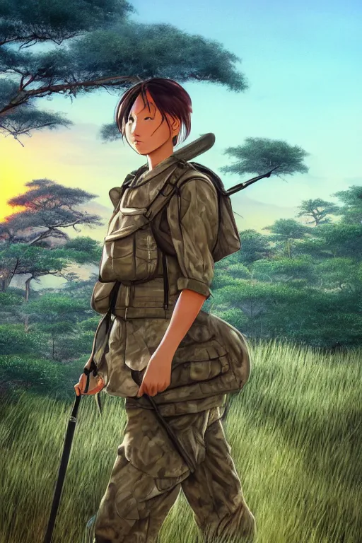 Image similar to a female japanese soldier hiking in the savannah, mid shot, looking away, realistic shaded perfect anatomy, fine details. sunset. very anime style. realistic shaded lighting poster, trending on art station