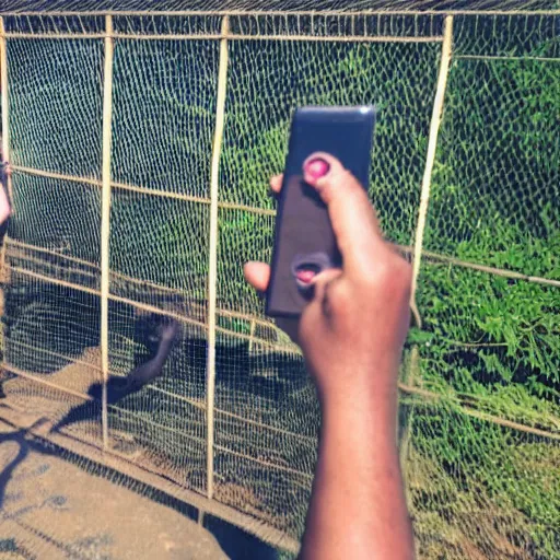 Prompt: A high-quality photo of a monkey taking a selfie in front of a cage of humans on a sunny day