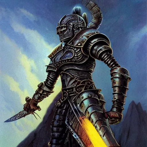 Image similar to ( ( ( half length portrait of armored githyanki warrior holding his silver sword, in the astral plane ) ) ), d & d, fantasy, medieval, greg rutkowski, frank frazetta, alexandre chaudret, boris vallejo, michael whelan, miro petrov, hr giger, magali villeneuve, donato giancola