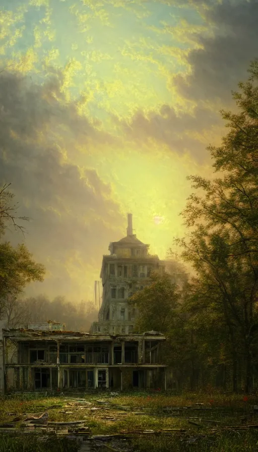 Prompt: a beautiful photorealistic painting of abandoned place building unfinished building city architecture nature urbex by albert bierstadt, lake sunset poppy jupiter tundra darkacademia, archdaily, wallpaper, highly detailed, trending on artstation.