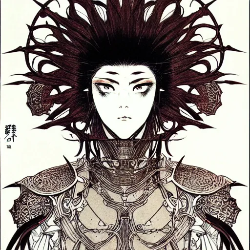 Image similar to prompt: one human Fragile looking character portrait face drawn by Takato Yamamoto, Human inside modernistic looking armor with wild hairstyle, inspired by Evangeleon, clean ink detailed line drawing, intricate detail, manga 1980, poster composition