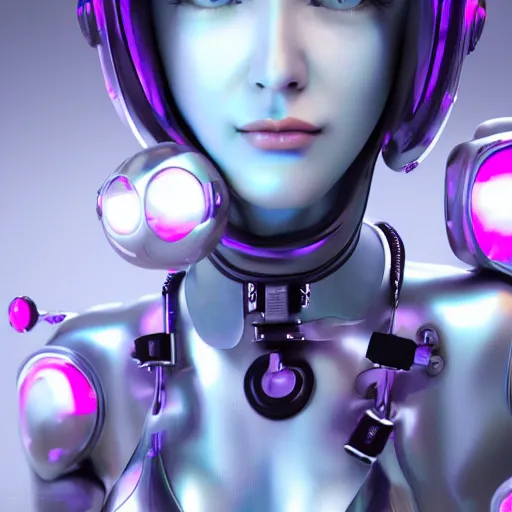 Image similar to sweet flirty gynoid posing offer herself, octane, cgi, highly detailed, photorealistic,