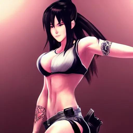 Image similar to concept art of tifa lockhart with full body tattoos, trending on artstation