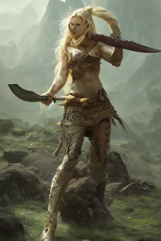 Image similar to ultra detailed powerful female viking, blond long hair, green eyes, axe un hand, battle ready, sharp bone structure, extremely detailed digital painting, in the style of fenghua zhong and ruan jia and jeremy lipking and peter mohrbacher, mystical colors, rim light, beautiful lighting, 8 k, stunning scene, raytracing, octane, trending on artstation