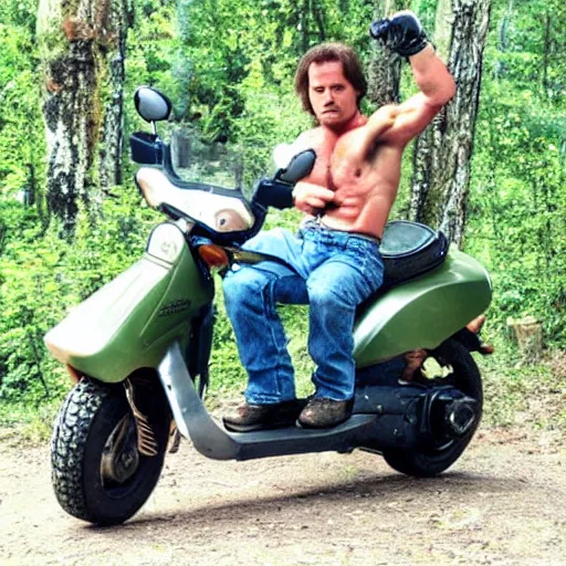 Image similar to rambo from first blood on a scooter