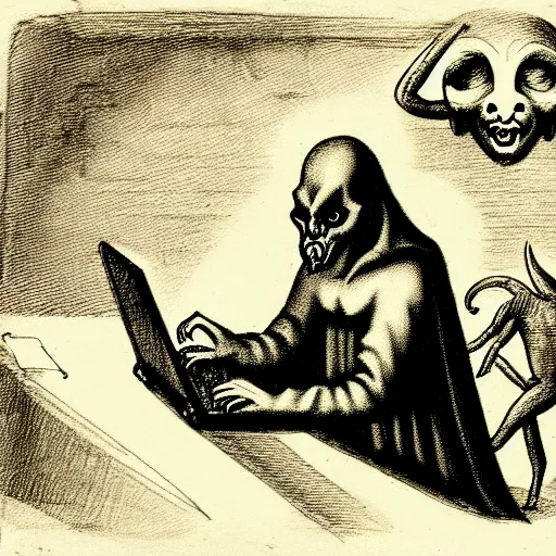 Image similar to a devilish spirits emerging from a desktop computer, renaissance era sketch, satanic, ritual