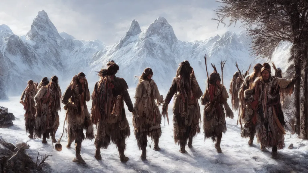 Image similar to highly detailed image of a group of indigenous travelers, walking in a line, traditional clothing, unreal engine, fantasy art by greg rutkowski, snowy mountains, lake, winter, hunter, by greg rutkowski, cgsociety, ferdinand knab, rossdraws, tom bagshaw, global illumination, radiant light, detailed and intricate environment