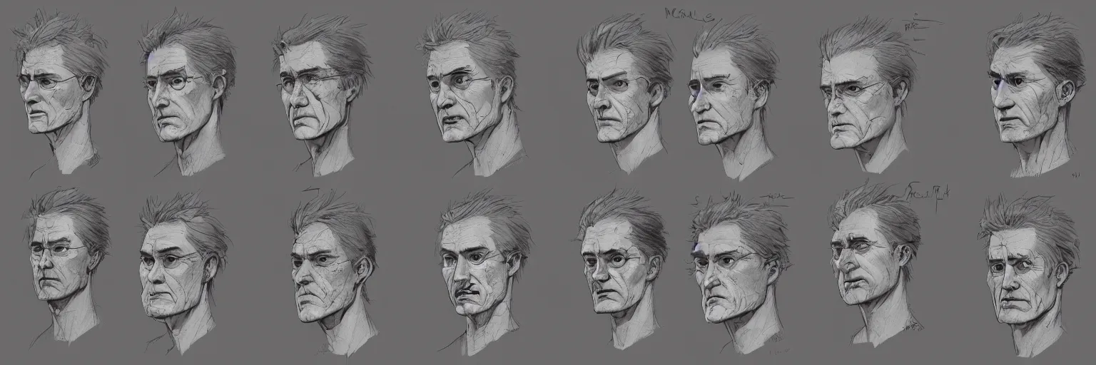 Image similar to character faces, realistic marc ribot face, clear marc ribot face, character sheet, fine details, concept design, contrast, kim jung gi, greg rutkowski and da vinci, trending on artstation, 8 k, emotional, face turnaround, front view, back view, side view, ultra wide angle