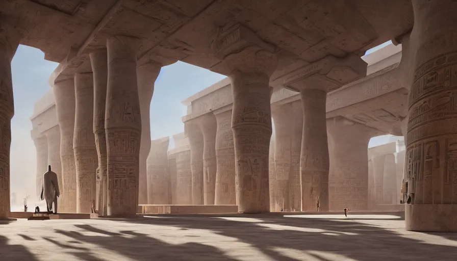 Prompt: the inside of a monument with egyptian motifs, by tim blandin and arthur haas and bruce pennington and john schoenherr, big windows architecture by zaha hadid, octane render, cinematic, scenery, cgsociety, modernism, futuristic, trending on artstation, sci - fi, high detail, high quality, sharp focus, close up angle, people walking