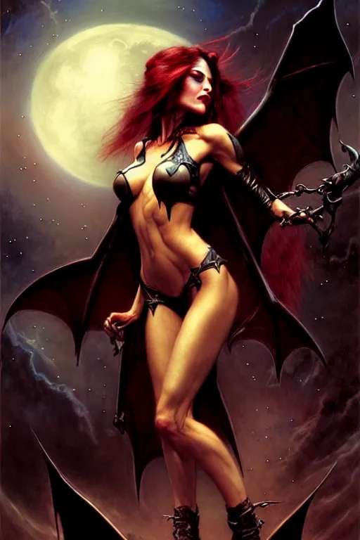 Image similar to evil female vampire, highly detailed, realistic style. night sky with bats. by raymond swanland, gaston bussiere, simon bisley