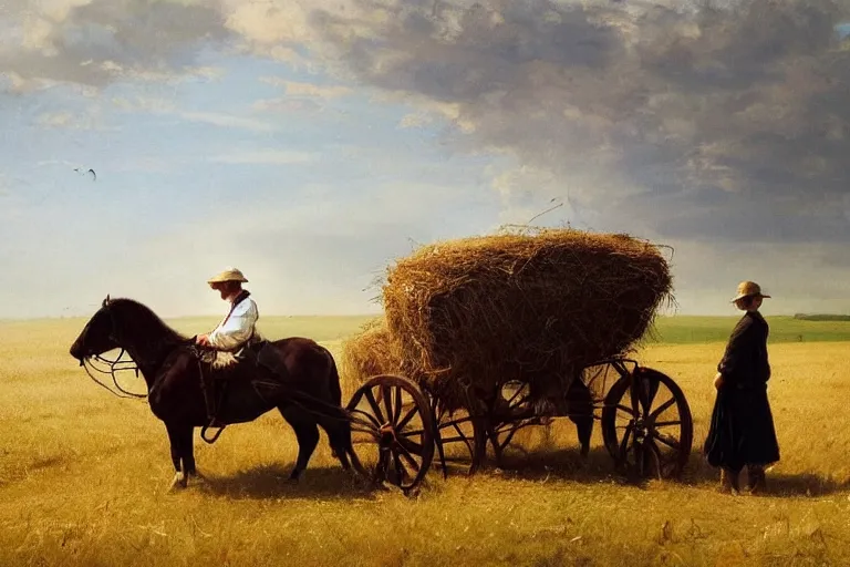 Image similar to simple amish farmers shocking hay in open fields, art by anders zorn, wonderful masterpiece by greg rutkowski, beautiful cinematic light, american romanticism thomas lawrence, greg rutkowski