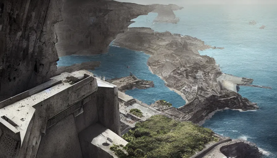 Image similar to coastal perched on a cliff overlooking a magnificient bay, imperial brutalist base, drawing architecture, ultra very long shot, top angle, imperial architecture in rogue one, pritzker architecture prize, brutalism architecture, jan urschel, greig fraser, by james gurney, greg rutkowski, highly detailed digital art, artstation