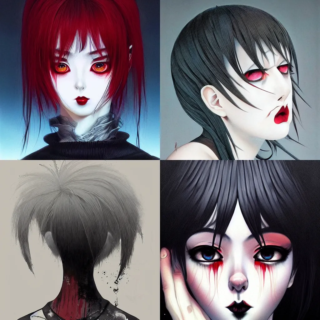 Prompt: beautiful! coherent! detailed! expert! professional manga seinen portrait art of a goth clowngirl, beautiful eyes painted pouting lips, painted by ilya kuvshinov!!!!! and zdzislaw beksinski