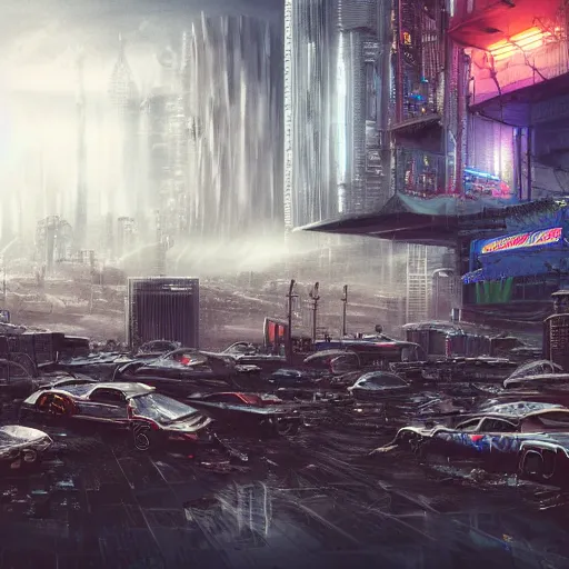 Prompt: futuristic cyberpunk scrapyard in the mist photorealistic dramatic