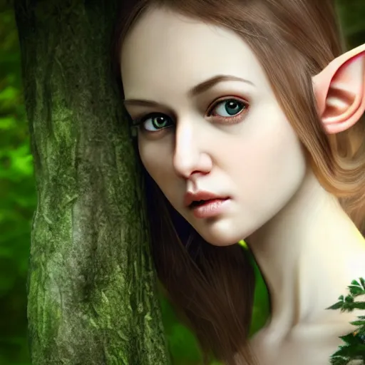 Image similar to a realistic portrait of a realistic female elf with a long withe and light green dress in the woods , perfect and hyperrealistic ultra detailed face, by WLOP