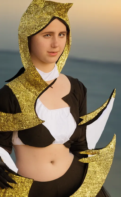 Prompt: a person wearing a handmade crescent moon costume, HD photo, depth of field, costume design portfolio