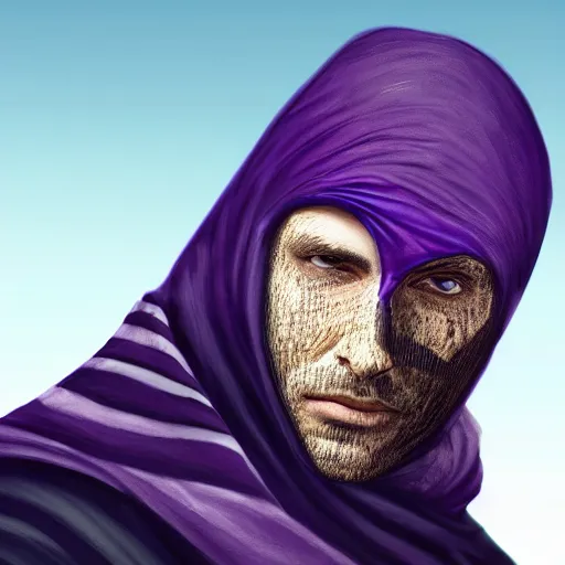 Image similar to ultra realistic illustration, man in a black hood, in a striped purple balaclava, mysterious, highly detailed, digital painting, artstation, concept art, smooth, sharp focus, illustration