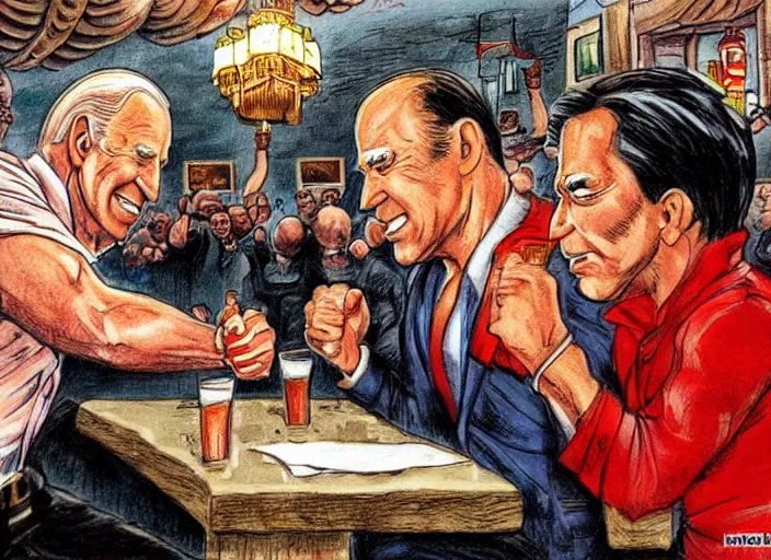 Image similar to joe biden arm wrestling in a bar in china illustration by mike ploog