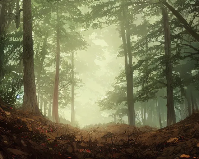 Image similar to environmental illustration of a wide angle shot of a trail in a foggy ancient forest | | anime key visual, official media, illustrated by wlop, extremely detailed, 8 k, trending on pixiv, cinematic lighting, beautiful