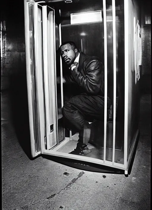 Prompt: Kayne West doing Cocaine in a phone booth by Garry Winogrand