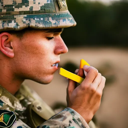 Image similar to portrait photography of soldier in the desert eating crayons, beautiful composition, ambient light