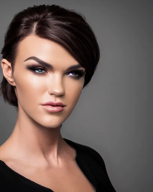 Image similar to headshot of beautiful actress ruby rose, studio lighting, 8 k, photo shoot, 9 inch kershaw soft focus lens f / 5. 6