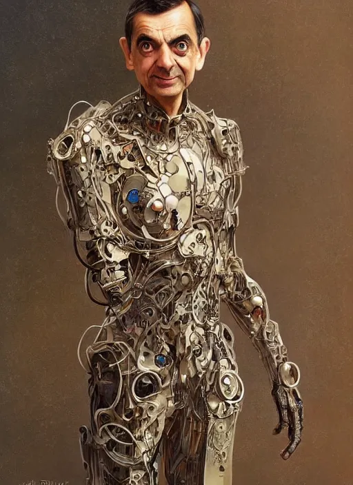 Prompt: mr bean as a organic cyborg, diffuse lighting, fantasy, intricate, elegant, highly detailed, lifelike, photorealistic, digital painting, artstation, illustration, concept art, smooth, sharp focus, art by john collier and albert aublet and krenz cushart and artem demura and alphonse mucha