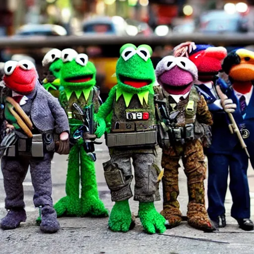 Prompt: muppet puppet special forces in an urban battle field.