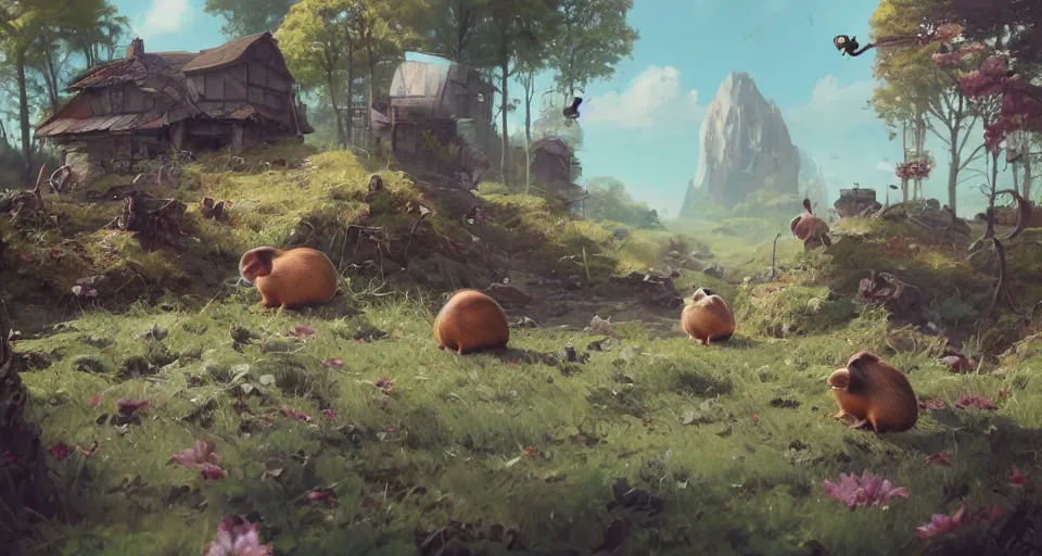 Image similar to hyper realistic cute guineapigs everywhere, by simon stalenhag, frank frazetta, greg rutkowski, beeple, yoko taro, christian macnevin, wlop and krenz cushart, epic fantasy character art, volumetric outdoor lighting, midday, high fantasy, cgsociety, cheerful colours, full length, exquisite detail, post - processing, masterpiece, cinematic