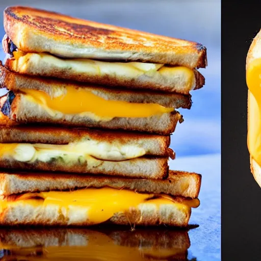 Prompt: a grilled cheese sandwich with a face of bernie sanders, gooey cheese, well - toasted