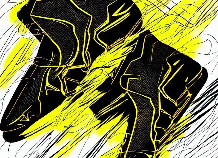 Image similar to glowing black sneaker, wth short golden lines, yellow details, symmetrical, highly detailed, digital art, sharp focus, trending on art station, samurai, electricity superpowers, anime art style