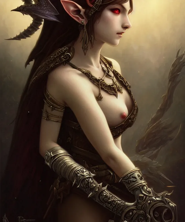 Image similar to dark fantasy, sensual legend of Zelda twilight Princess portrait, dark surrealist , fantasy, intricate, elegant, highly detailed, digital painting, artstation, concept art, smooth, sharp focus, illustration, art by Tom Bagshaw, artgerm and greg rutkowski and alphonse mucha