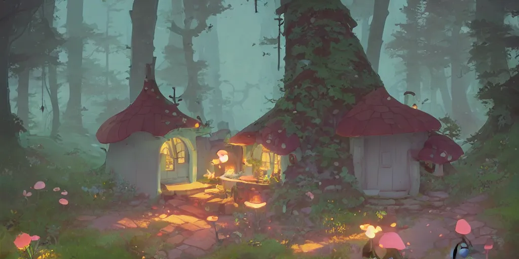 Prompt: fairy mushrooms house, moss, lianne, by cory loftis & akihiko yoshida & james gilleard & atey ghailan & makoto shinkai & goro fujita & studio ghibli, rim light, exquisite lighting, clear focus, magic atmosphere, lights, night, very coherent, plain background, soft painting