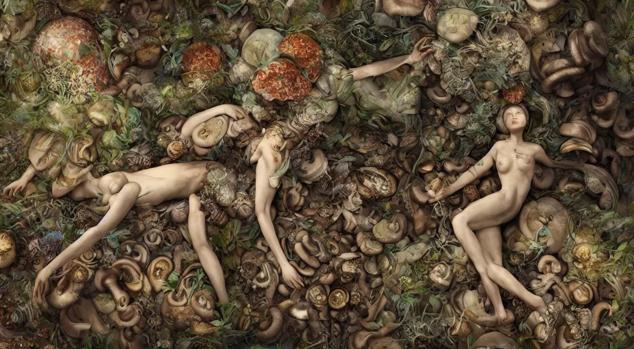 Prompt: a bio - mechanical sleeping giant woman with mushrooms as camouflage highly detailed, cinematic, perfect face, cyberpunk, fine details, studio lighting, subtle shadows, art by katsuya terada and hieronymus bosch, photo - realism, hyper realism, octane render