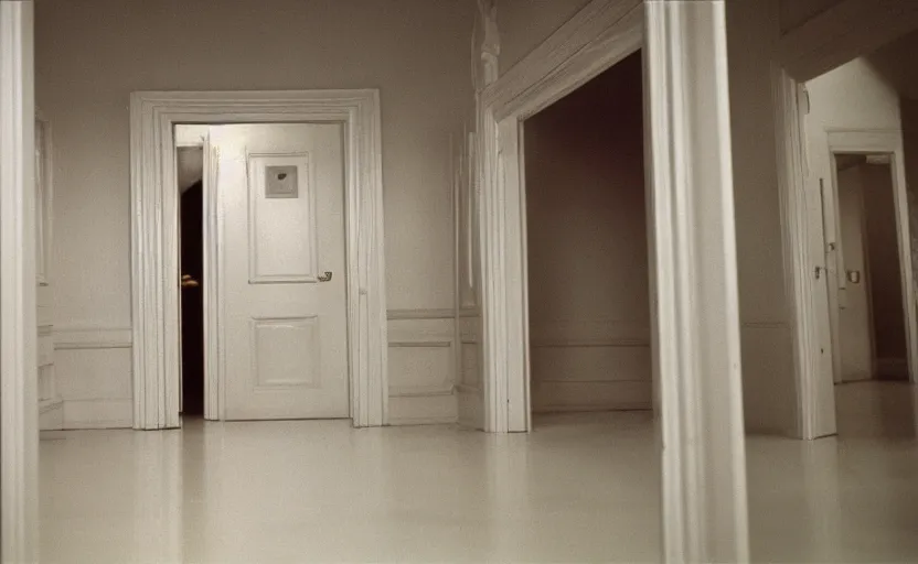 Prompt: White Backrooms in the shining by stanley kubrick, shot by 35mm film color photography