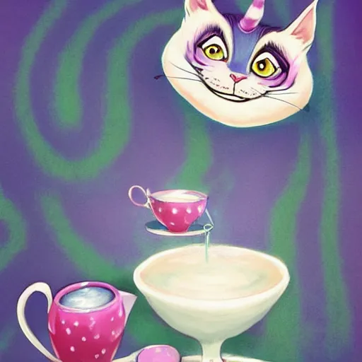 Image similar to cheshire cat drinking tea, by cory loftis, character art, art, very coherent, plain background, lighthearted, soft painting