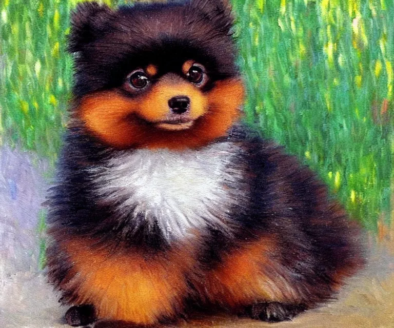 Image similar to brown and black pomeranian, cute, monet, oil painting