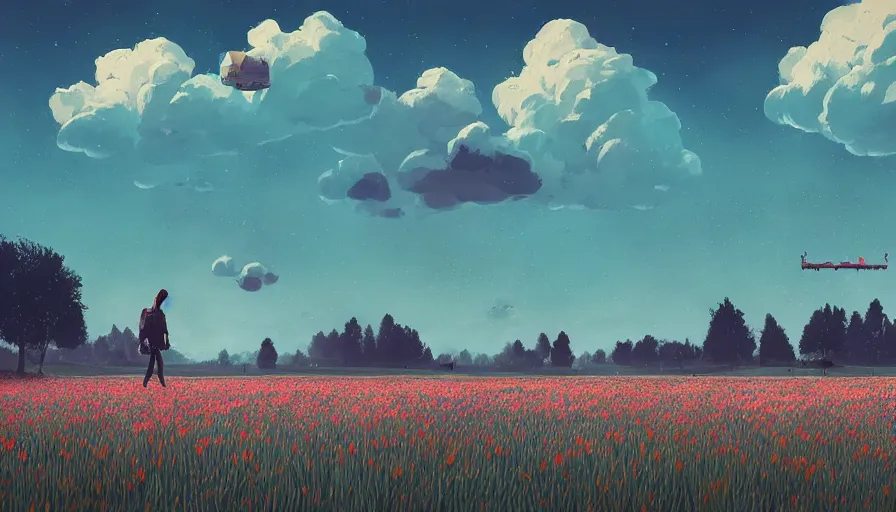 Prompt: black hexagon in the sky, no clouds, field with grass and flowers, big tree, person, matte painting, art station, blue sky, simon stalenhag