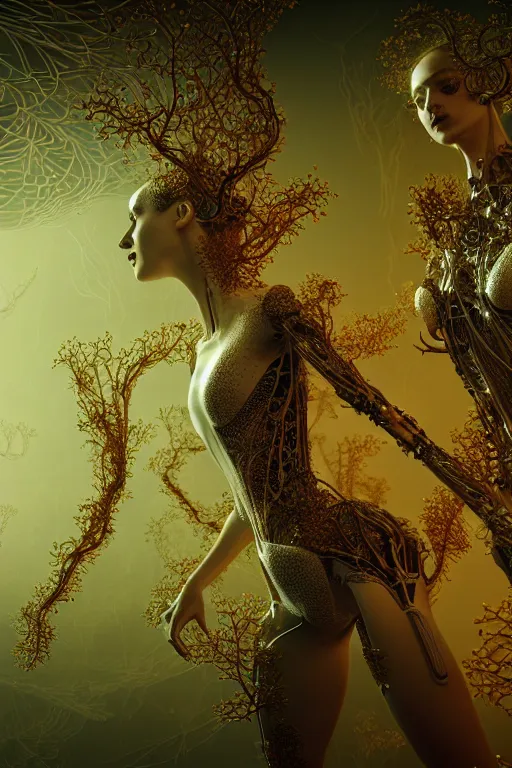 Image similar to intricate hyper detailed ultra sharp 3 d render, unity of mood, biomechanical cyborg ladies dancing, atmospheric, foliage, white large pore fungi, cyberpunk art nouveau, haute couture alexander mcqueen leaves stems colorful dahlias blooming transparent fractal filigree roots, intricate details, octane render, volumetric cinematic lighting, natural beautiful light, yellow infrared, lumiol, 8 k,