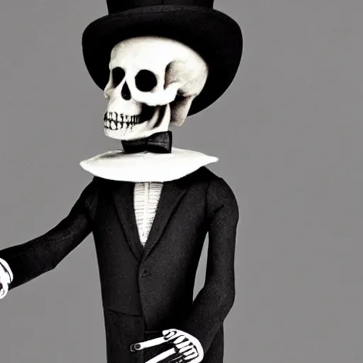 Prompt: skeleton wearing a suit and top hat
