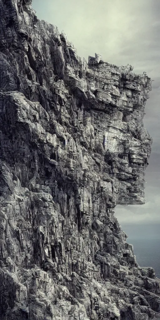 Image similar to kodak portra 4 0 0, photographic, vast staircase carved into black rock cliff side by hr giger and guillermo del toro and alan lee and paul lasaine, photorealistic, hyper detailed, 8 k, movie still, artstation, unreal engine,